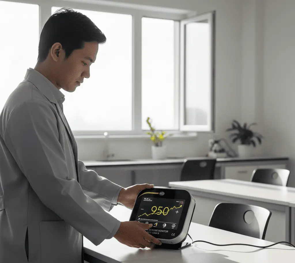 Teknisi laboratorium Indonesia memantau kualitas udara ruangan menggunakan monitor CO₂ PCE-CMM 8 dengan layar sentuh 3,5 inci yang menampilkan angka dan grafik tren.