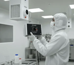 Teknisi QA menggunakan PCE-CPC 100 untuk memonitor partikel ultrahalus di cleanroom farmasi, menampilkan layar pembacaan real-time dan inlet sampling pada ketinggian zona napas.