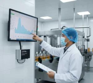 Teknisi Indonesia memantau layar PCE-CPC 50 yang terpasang di dinding pabrik minuman, menampilkan data jumlah partikel 0,3–10 µm terhubung ke SCADA melalui Ethernet.