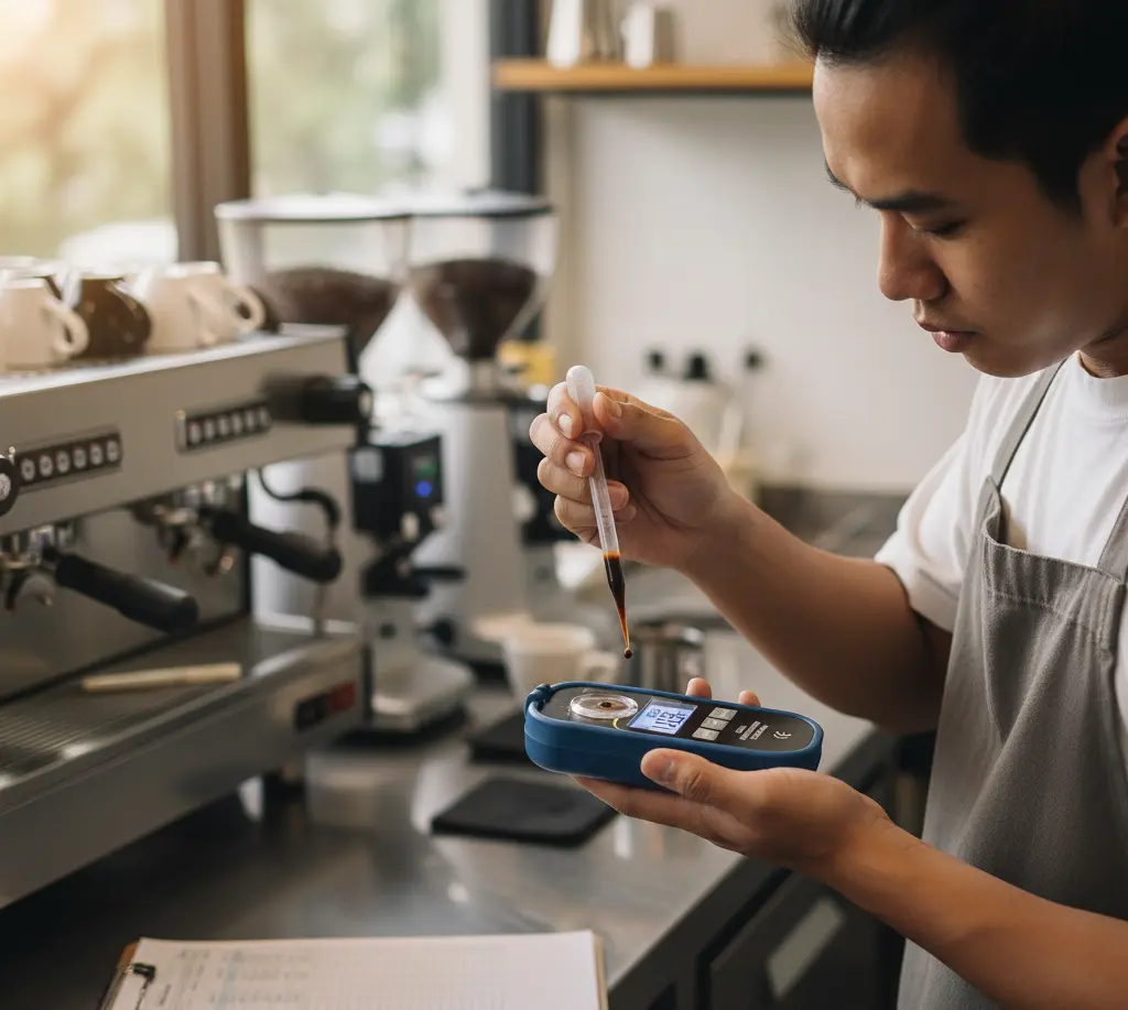 Teknisian Indonesia mengukur Brix espresso menggunakan refraktometer digital PCE-DRP 1 Coffee di area bar roastery.