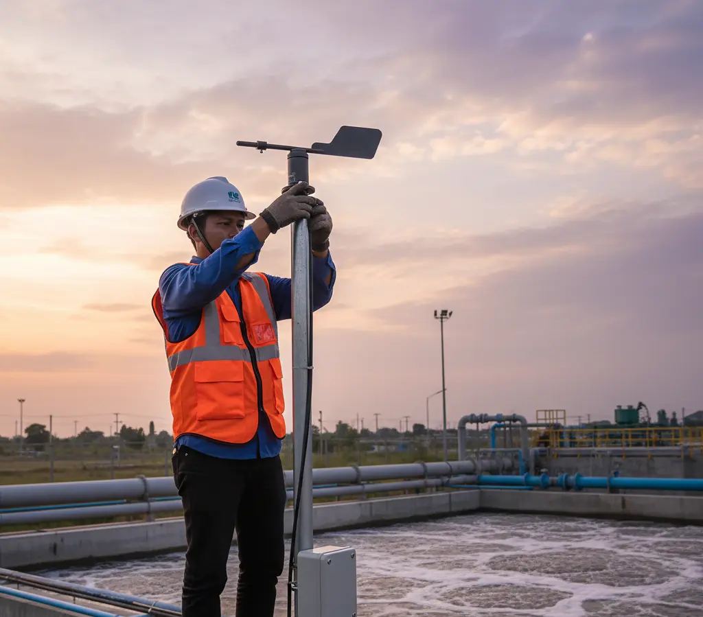 teknisi Indonesia memasang sensor arah angin PCE-FST-200-202-U di area instalasi pengolahan air limbah, sensor vane terhubung kabel M12 ke panel, latar kolam aerasi dan pipa, suasana senja berawan.