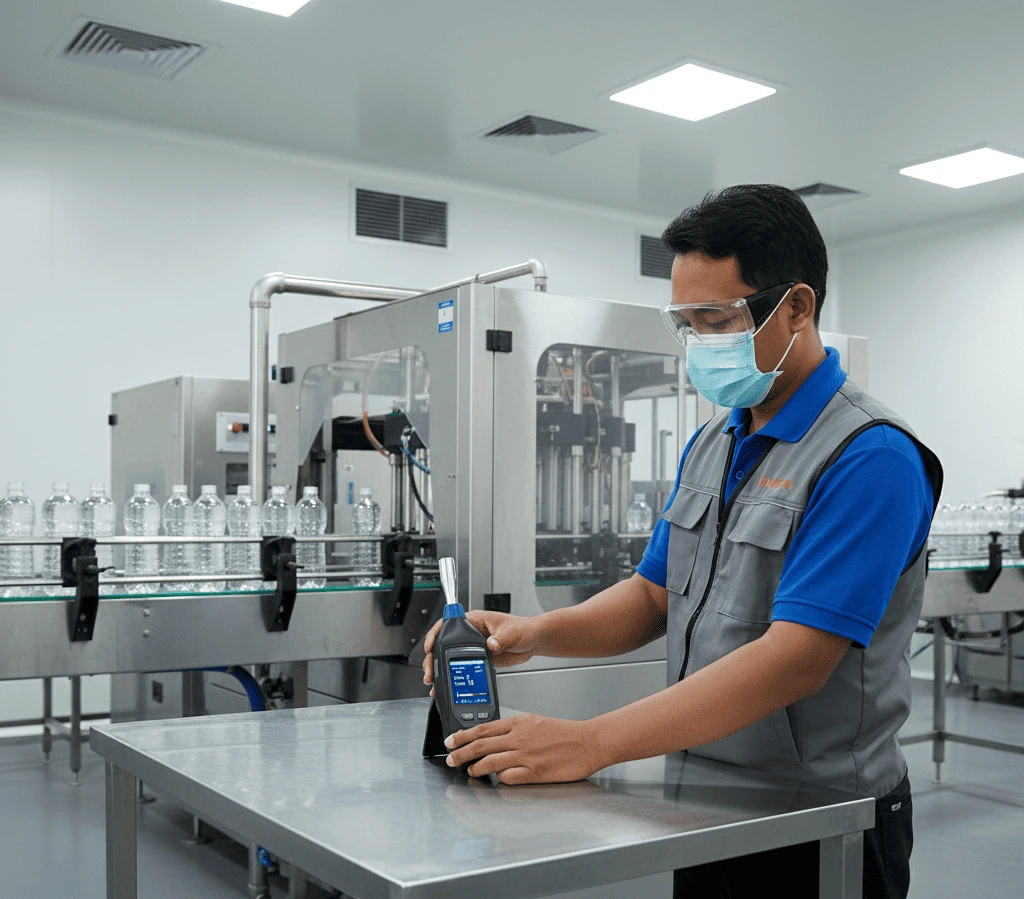 Teknisi menempatkan PCE-MPC 10 pada stand di area pengisian minuman untuk audit kualitas udara dalam ruang, layar menampilkan PM2.5, PM10, suhu, dan kelembapan.