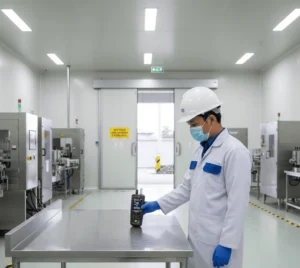 Teknisi Indonesia memantau PM2.5 dan PM10 menggunakan PCE-MPC 15 pada tripod di area pengemasan pabrik minuman; layar alat menampilkan data real-time.