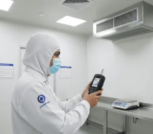 Teknisi QA memeriksa konsentrasi PM2.5/PM10 dengan PCE-MPC 20 di ruang bersih farmasi menggunakan mini tripod dan layar grafik real-time.