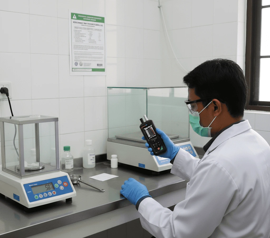 Teknisi laboratorium Indonesia mengoperasikan aerosol meter PCE-MPC 25 pada tripod untuk mengukur PM2.5 di ruang timbang, layar 3,2 inci terlihat jelas.