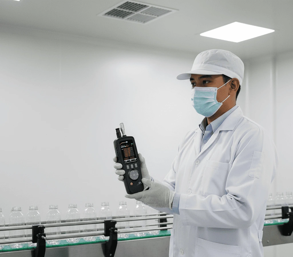 Teknisi QA menggunakan PCE-PCO 1 aerosol meter di area pengemasan bersih untuk mengukur partikel udara pada enam kanal ukuran dengan layar warna.