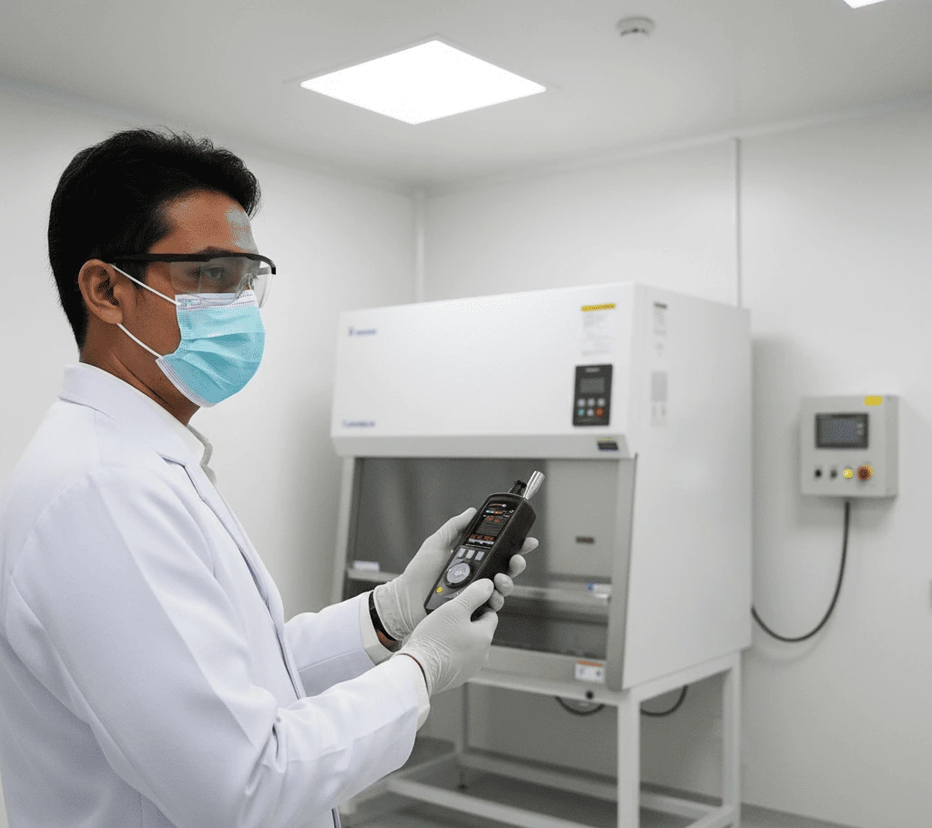 teknisi laboratorium mengukur PM2.5/PM10 menggunakan PCE-PCO 2 di ruang kultur dengan HEPA filter.