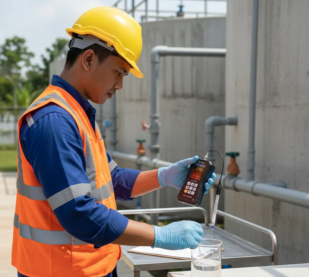 Teknisi Indonesia mengukur pH effluent WWTP menggunakan PCE-PH 228HTE-ICA dengan elektroda epoxy, layar 2,8 inci menyala, beaker sampel di tangan, latar bak aerasi.