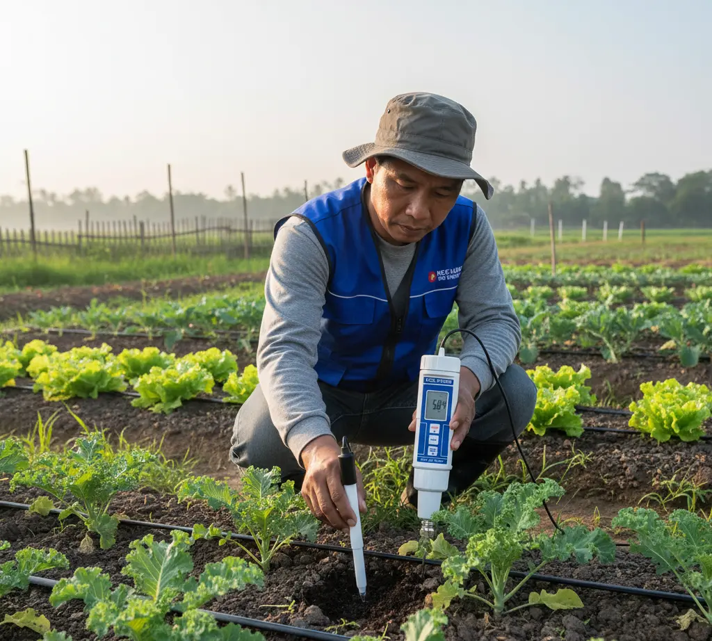 Teknisi Indonesia mengukur pH tanah dengan PCE-PH20S berkabel di kebun sayur, layar menunjukkan nilai pH, suasana lapangan pagi.