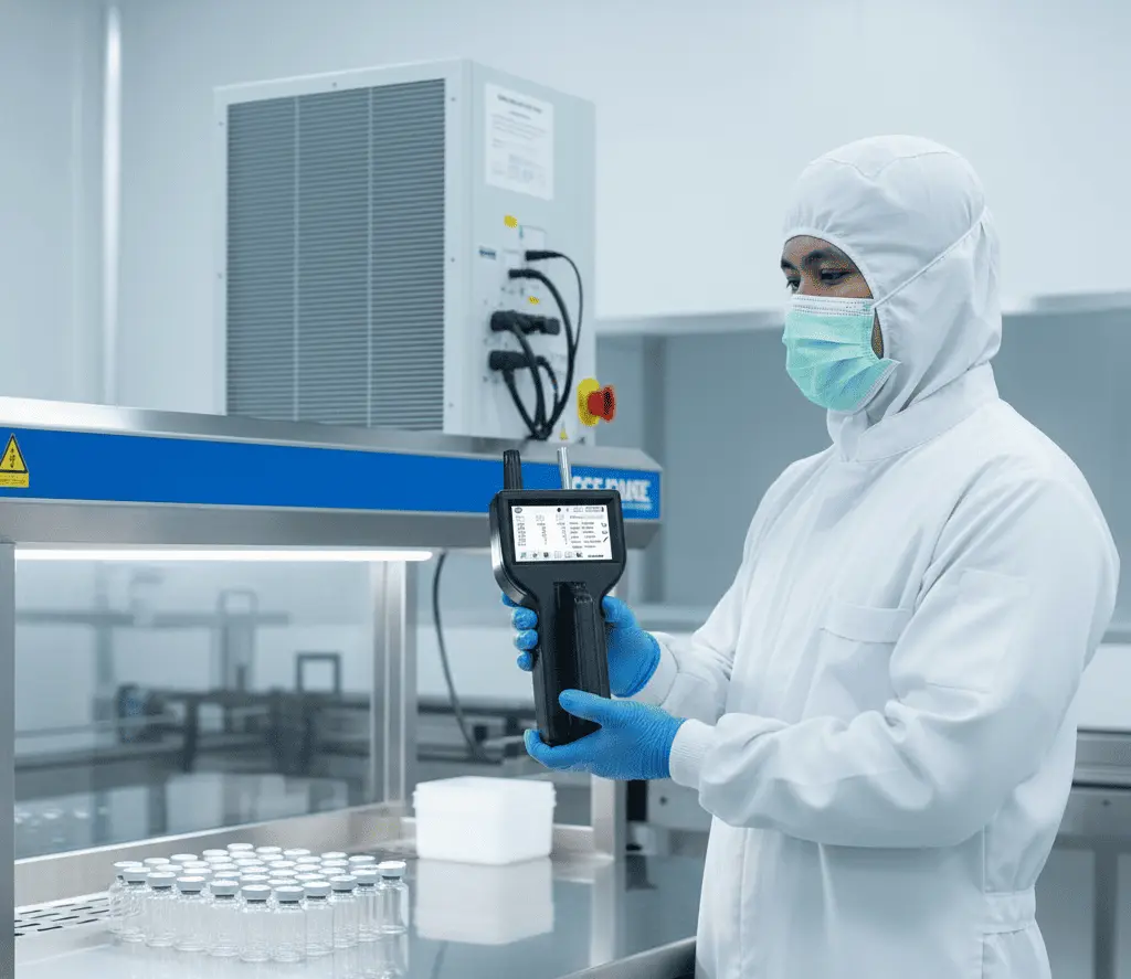 Teknisi QA menggunakan PCE-PQC 10EU untuk mengukur partikel 0,5 µm di area filling farmasi dengan latar laminar flow dan filter HEPA.