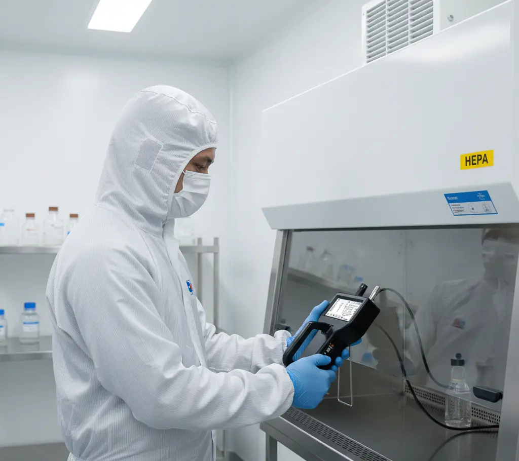 Teknisi Indonesia menggunakan aerosol meter PCE-PQC 11EU di ruang bersih, menampilkan layar 4,3 inci dengan kanal 0,5–10 µm dan probe isokinetik diarahkan ke area kerja.