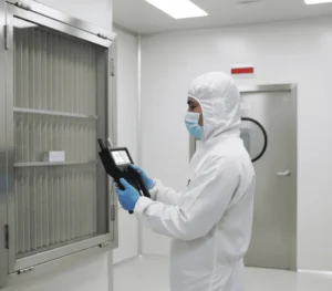 Teknisi cleanroom Indonesia menggunakan PCE-PQC 12EU untuk menghitung partikel udara pada kanal 0,3/0,5/5,0 µm di area pengisian aseptik dengan probe isokinetik.