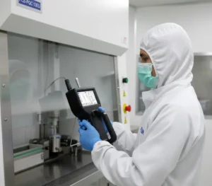 Analis QA Indonesia mengukur partikel udara di cleanroom menggunakan PCE-PQC 13EU; layar menampilkan kanal 0,5 µm, 1,0 µm, dan 5,0 µm dengan probe isokinetik pada aliran laminar.
