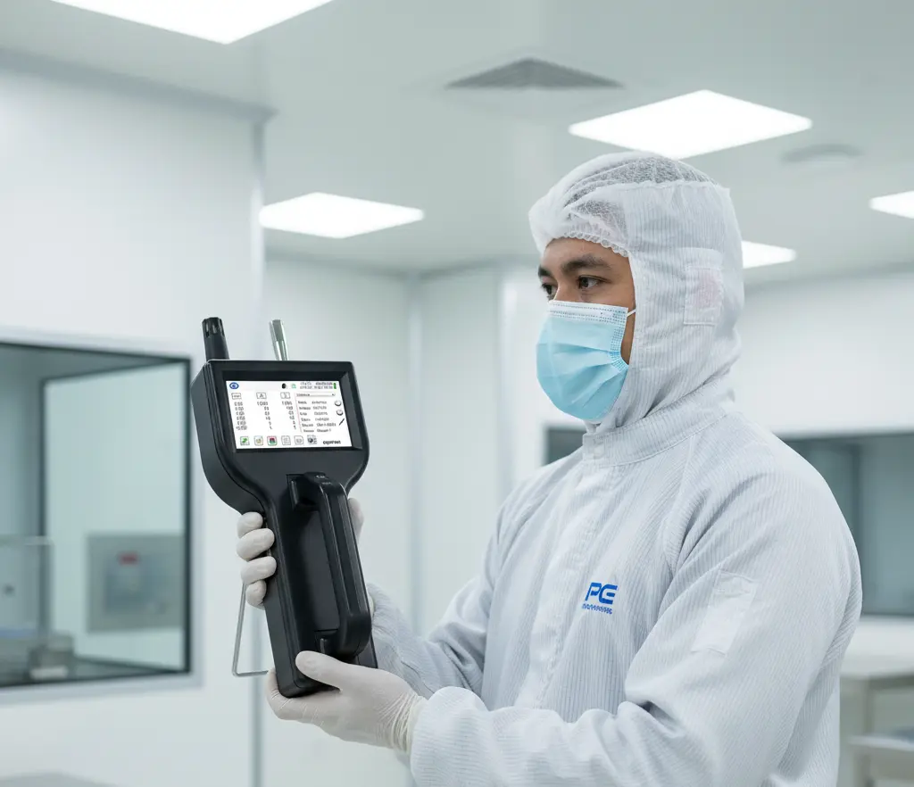 Teknisi Indonesia mengukur partikel udara di ruang bersih menggunakan aerosol meter PCE-PQC 15EU dengan probe isokinetik, layar 4,3 inci terlihat, untuk validasi ISO 14644.