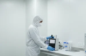 Teknisi Indonesia mengukur partikel udara di ruang bersih menggunakan PCE-PQC 20EU dengan probe isokinetik; layar sentuh 4,3 inci menampilkan kanal 0,3–10 µm dan laju alir 2,83 L/menit.