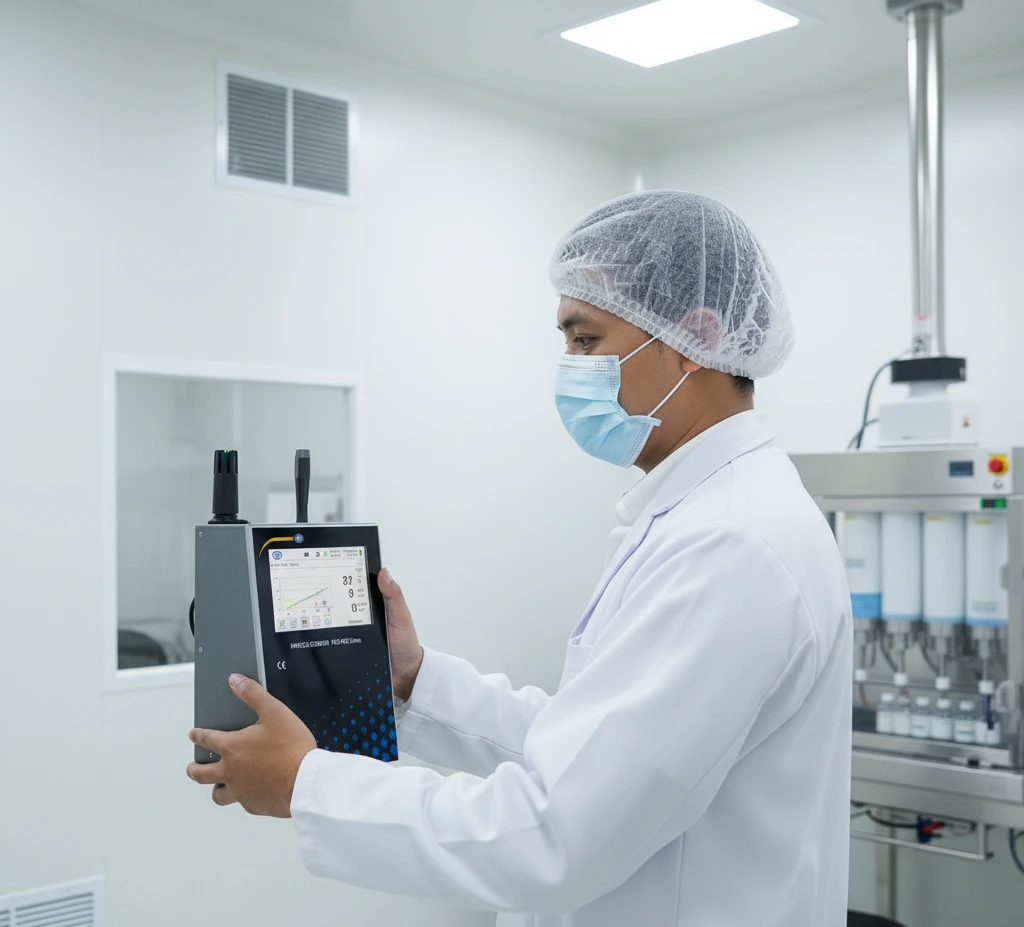 Teknisi QA Indonesia menggunakan PCE-PQC 22EU untuk menghitung partikel udara di ruang bersih, menampilkan kanal 0,3–10 µm dan pembacaan CO₂ pada layar sentuh 4,3 inci.