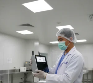 teknisi QA Indonesia mengukur partikel udara menggunakan PCE-PQC 23EU di ruang bersih ISO 7 dengan probe isokinetik, layar alat menampilkan kanal 0,5 µm.