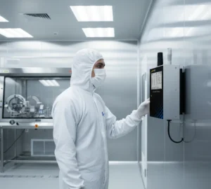 Teknisi QA memantau layar PCE-PQC 30EU yang terpasang di dinding ruang bersih, dengan probe isokinetik mengarah ke aliran udara laminar.