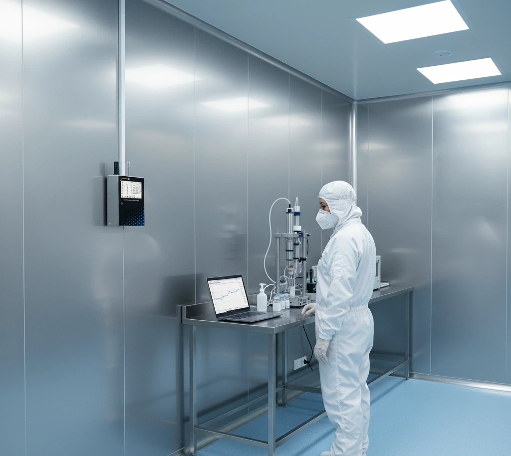 Teknisi Indonesia memantau PCE-PQC 31EU yang terpasang di dinding cleanroom, dengan probe isokinetik dan tampilan layar sentuh menampilkan tren partikel 0,5–10 µm.