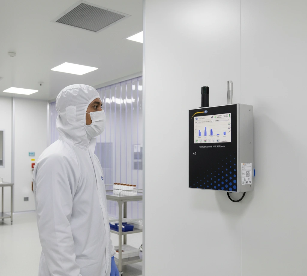 Teknisi QA memantau particle counter PCE-PQC 32EU yang terpasang di dinding ruang bersih, layar menampilkan data partikel 0,5 µm secara real-time.