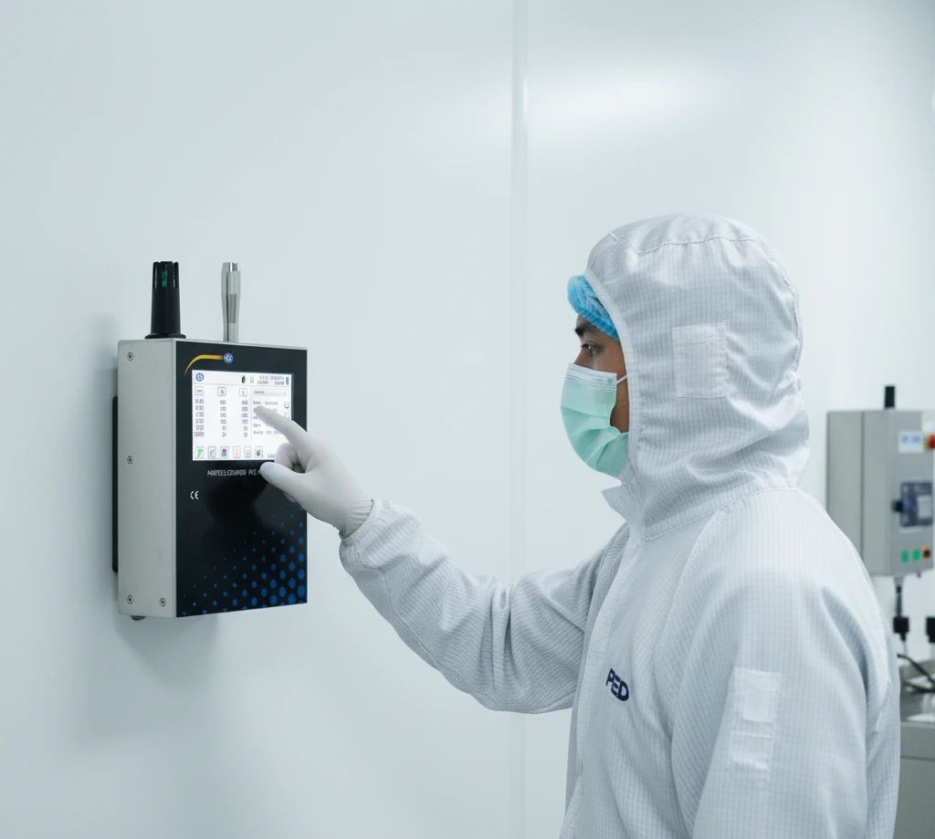Teknisi Indonesia memeriksa layar PCE-PQC 33EU yang terpasang di dinding ruang bersih, memantau grafik jumlah partikel secara real-time.