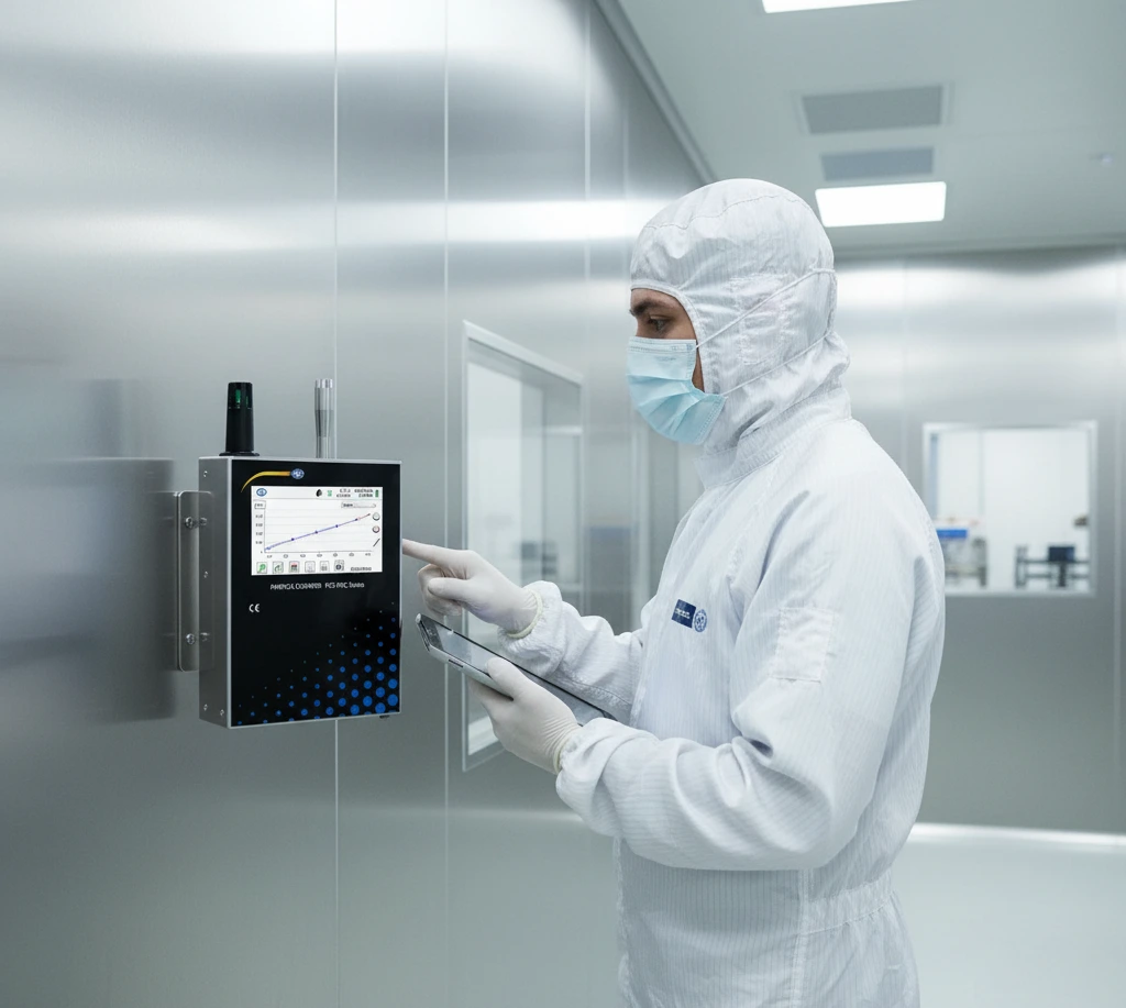 Teknisi QA Indonesia mengoperasikan penghitung partikel PCE-PQC 34EU yang terpasang di dinding ruang bersih, menampilkan kanal 0,5 dan 5 µm lengkap dengan pembacaan CO₂.