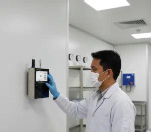 Teknisi Indonesia memantau PCE-PQC 35EU yang terpasang di dinding ruang bersih, menampilkan grafik partikel dan pembacaan CO2/TVOC pada layar sentuh 4,3 inci.