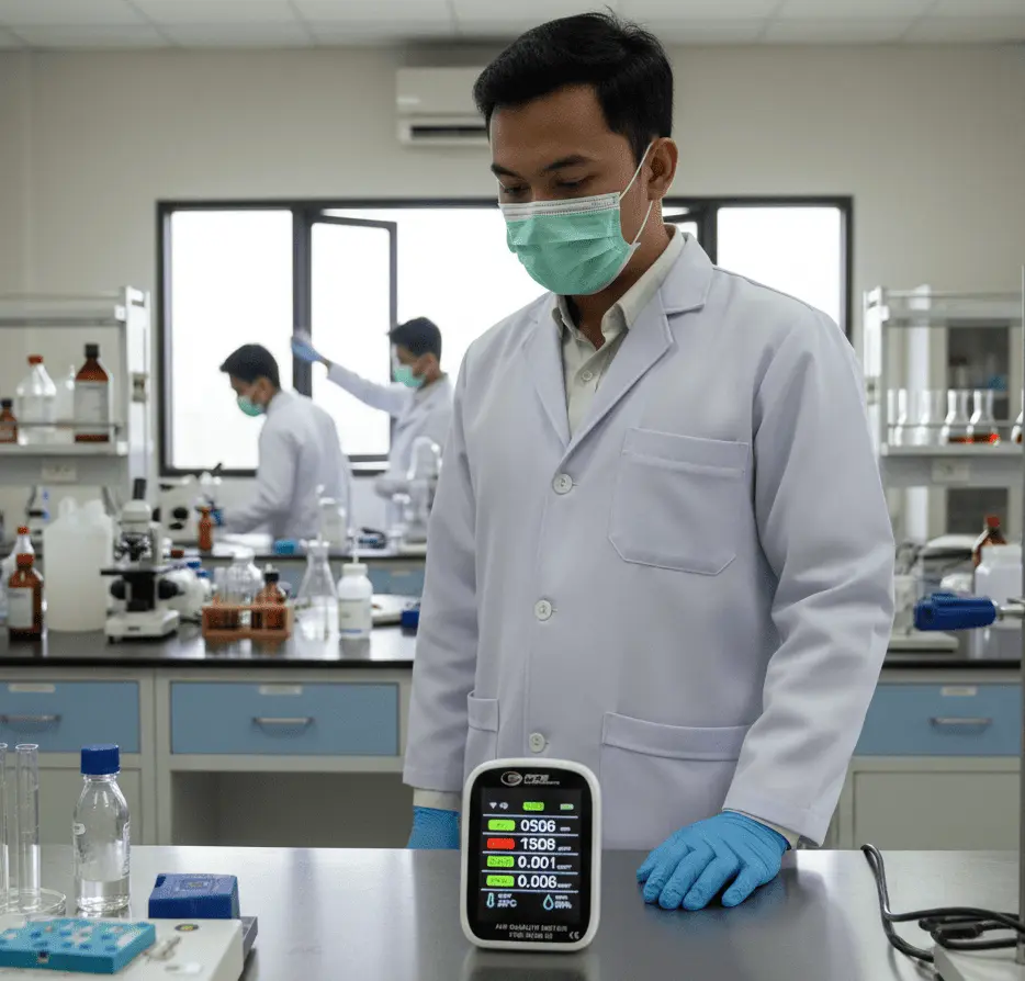 Teknisi laboratorium memantau CO₂ dan PM2.5 menggunakan PCE-RCM 02 dengan layar 3,5 inci di ruang praktikum kampus.