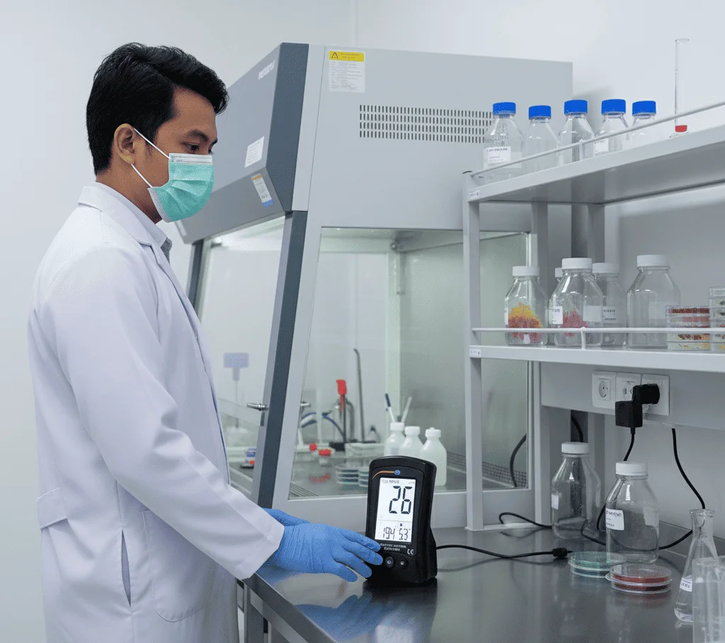 Teknisi laboratorium Indonesia memantau kualitas udara dengan monitor PM2.5 PCE-RCM 05 di meja kerja, layar menampilkan angka dan ikon kualitas udara.