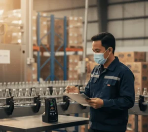 Teknisi memantau PM2.5, TVOC, dan formaldehida menggunakan PCE-RCM 11 di area pengemasan pabrik minuman dengan layar TFT 3 inci.