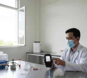 teknisi laboratorium Indonesia memantau kualitas udara ruang praktikum menggunakan PCE-RCM 8 yang menampilkan PM2.5, TVOC, HCHO, suhu, RH, dan AQI.