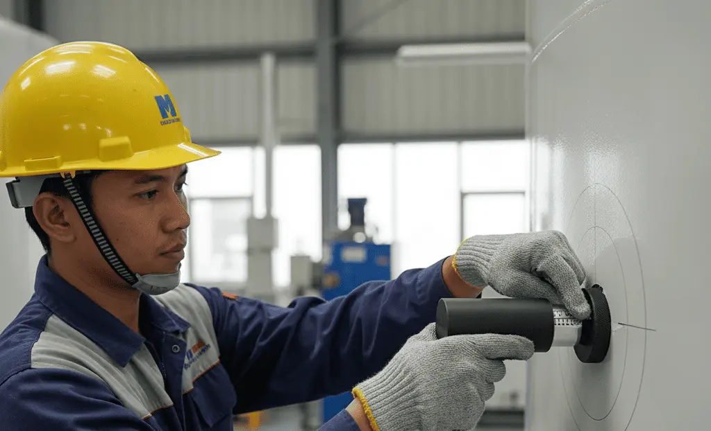 Teknisi Indonesia menguji daya lekat cat pada tangki air menggunakan PCE-TAT 10 adhesion tester mekanis dengan dolly terpasang; jarum skala MPa terlihat saat kenop diputar.