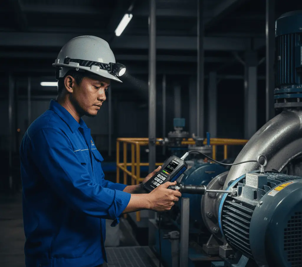 Teknisi industri menggunakan vibration meter PCE-VT 3750S portabel untuk mengukur getaran pada motor pompa di pabrik pengolahan air minum, menampilkan layar berwarna dengan grafik getaran dan sensor dengan kabel spiral.