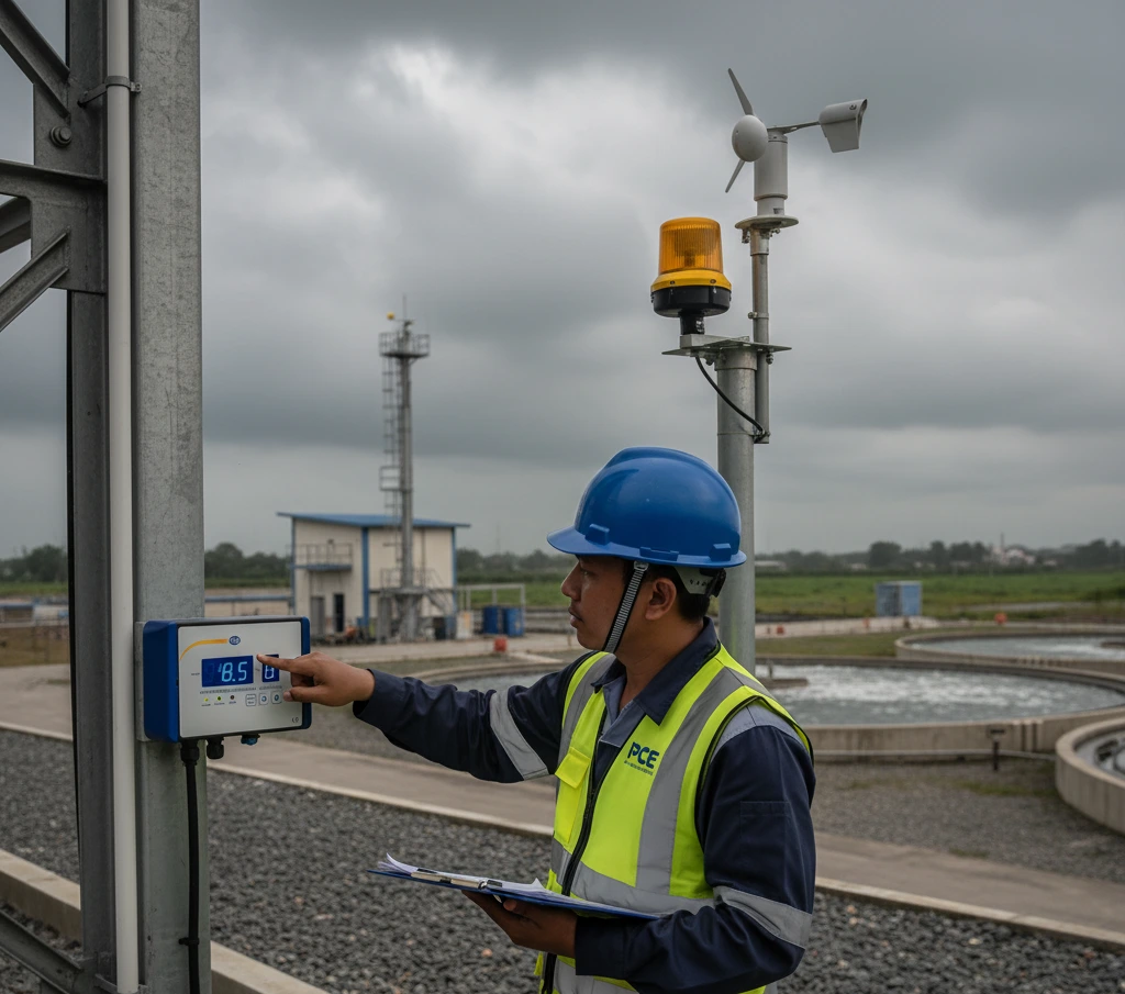 Teknisi Indonesia memantau kecepatan angin pada panel PCE-WSAC 50-220 di fasilitas pengolahan air; LED pra-alarm menyala dan angka kecepatan terlihat jelas.
