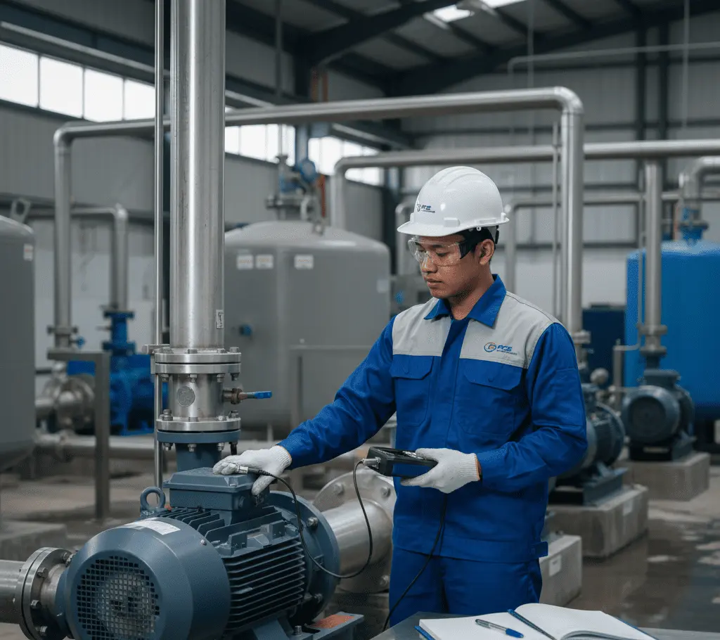 Accelerometer genggam PCE-VT 3700-ICA dengan sensor kabel spiral dan adapter magnet untuk pengukuran getaran pada mesin industri