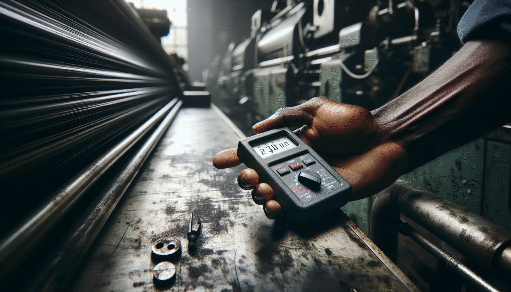 Teknisi menggunakan vibration meter pada mesin cetak industri, analisis getaran detail.