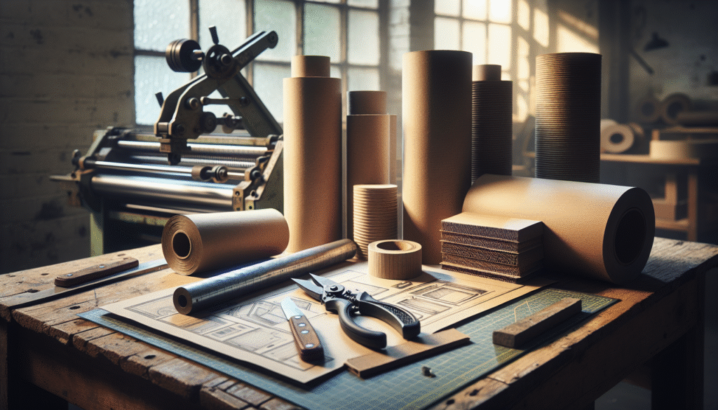 Gulungan kardus daur ulang, alat desain, dan sketsa kemasan di meja kerja, mewakili strategi efisiensi produksi.