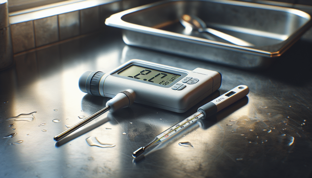 Termometer makanan digital dan pH meter bekas pakai di konter, alat ukur keamanan pangan HACCP.