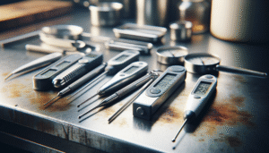 Berbagai alat ukur suhu makanan profesional, termasuk probe dan inframerah, di meja stainless steel dapur profesional.