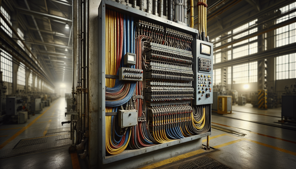 Panel listrik 3 fasa industri dengan alat monitoring daya di lingkungan pabrik.