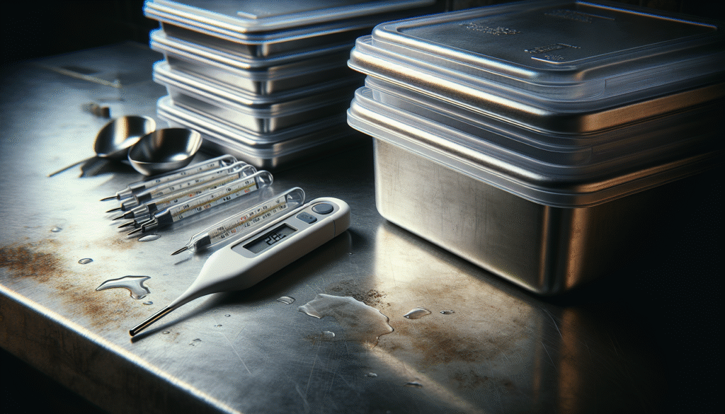 Termometer makanan digital dan wadah penyimpanan di dapur profesional untuk pengendalian suhu makanan dan keamanan pangan.