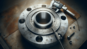 Close-up of an ASME B16.5 industrial flange's sealing face with a precision surface roughness gauge for quality control.