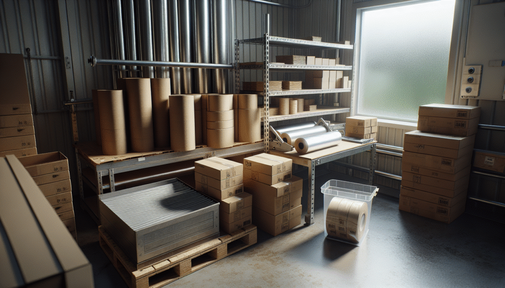 Tumpukan kardus dan film kemasan makanan berkelanjutan dengan sedikit limbah, mewakili efisiensi material.