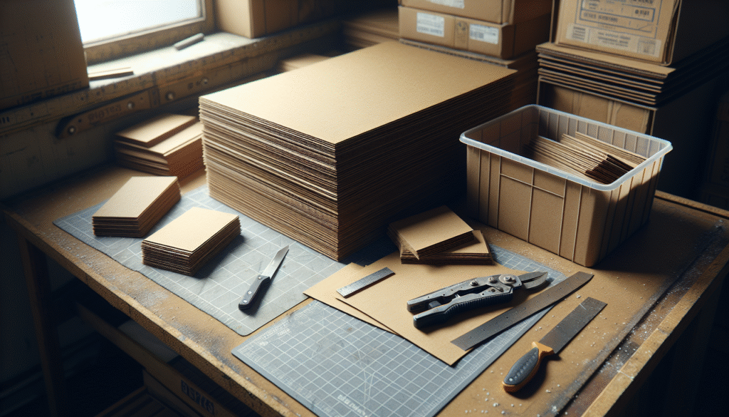 Workstation produksi dengan tumpukan karton siap pakai dan sisa potongan, menunjukkan praktik mengurangi pemborosan material.