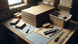 Workstation produksi dengan tumpukan karton siap pakai dan sisa potongan, menunjukkan praktik mengurangi pemborosan material.