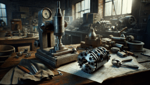 Precision surface roughness tester on a mechanic's workbench next to a worn automotive engine part.