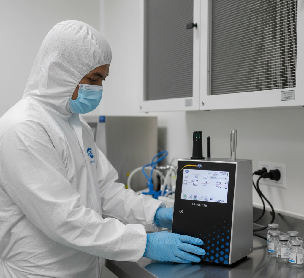 Teknisi QA menggunakan PCE-PQC 21EU aerosol meter dengan probe isokinetik di ruang bersih pengisian infus; layar 4,3 inci menampilkan kanal 0,5–10 µm dan laju alir 2,83 L/menit.