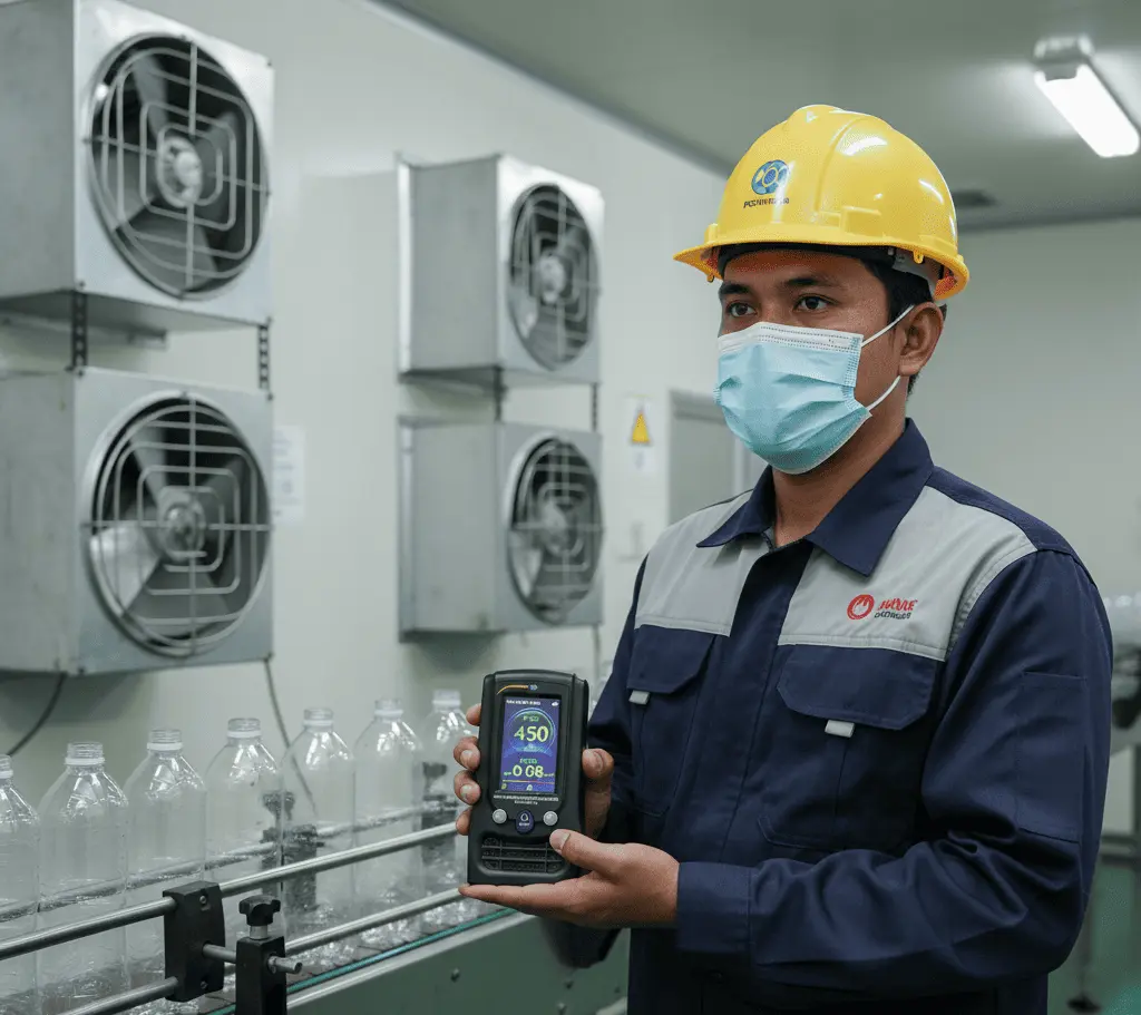 Teknisi Indonesia memeriksa kualitas udara ruang QC pabrik minuman menggunakan PCE-RCM 12, menampilkan parameter PM2.5, CO2, dan HCHO di layar berwarna.