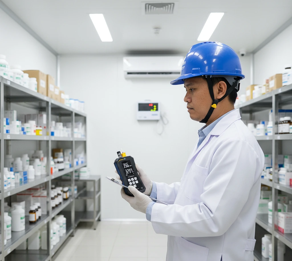 Teknisi laboratorium Indonesia memeriksa suhu dan kelembaban ruang penyimpanan menggunakan PCE-THD 50 air humidity meter dengan data logger.