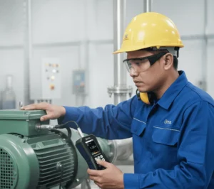 Teknisi industri sedang menggunakan vibration meter PCE-VT 3800 untuk mengukur getaran pada pompa di pabrik pengolahan air, menampilkan tampilan device dengan grafik getaran dan sensor terpasang magnetik pada housing pompa.